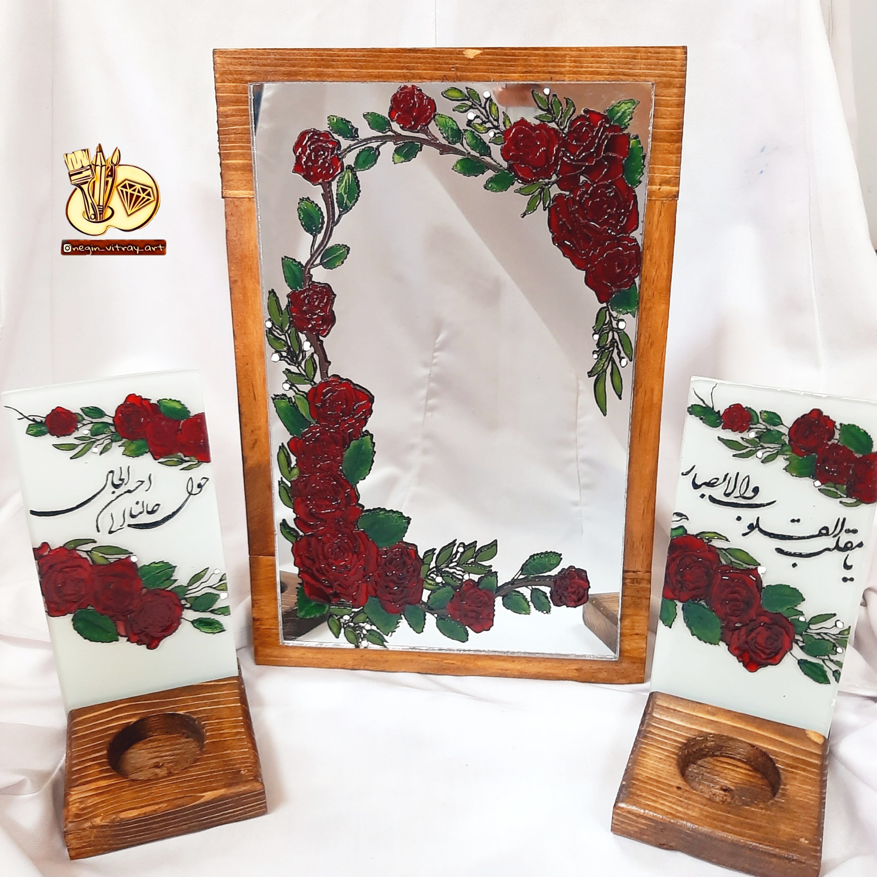 پک آینه رومیزی و جاشمعی  استند دار چوبی با طرح ویترای 