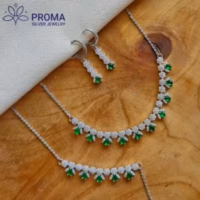 سرویس نقره با نگین سبز زمردی مدل PRM48