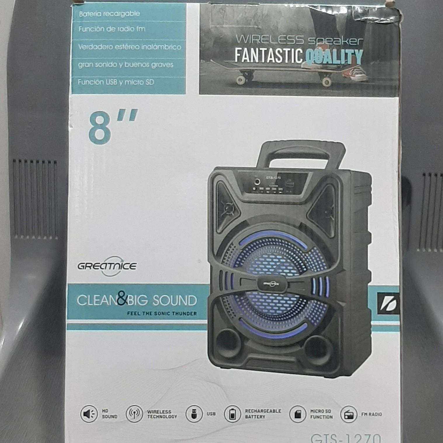 اسپیکر بلوتوثی8 اینچ GTS1270 دارای رقص نور کیفیت صدای عالی و زمان نگهداری شارژ عالی