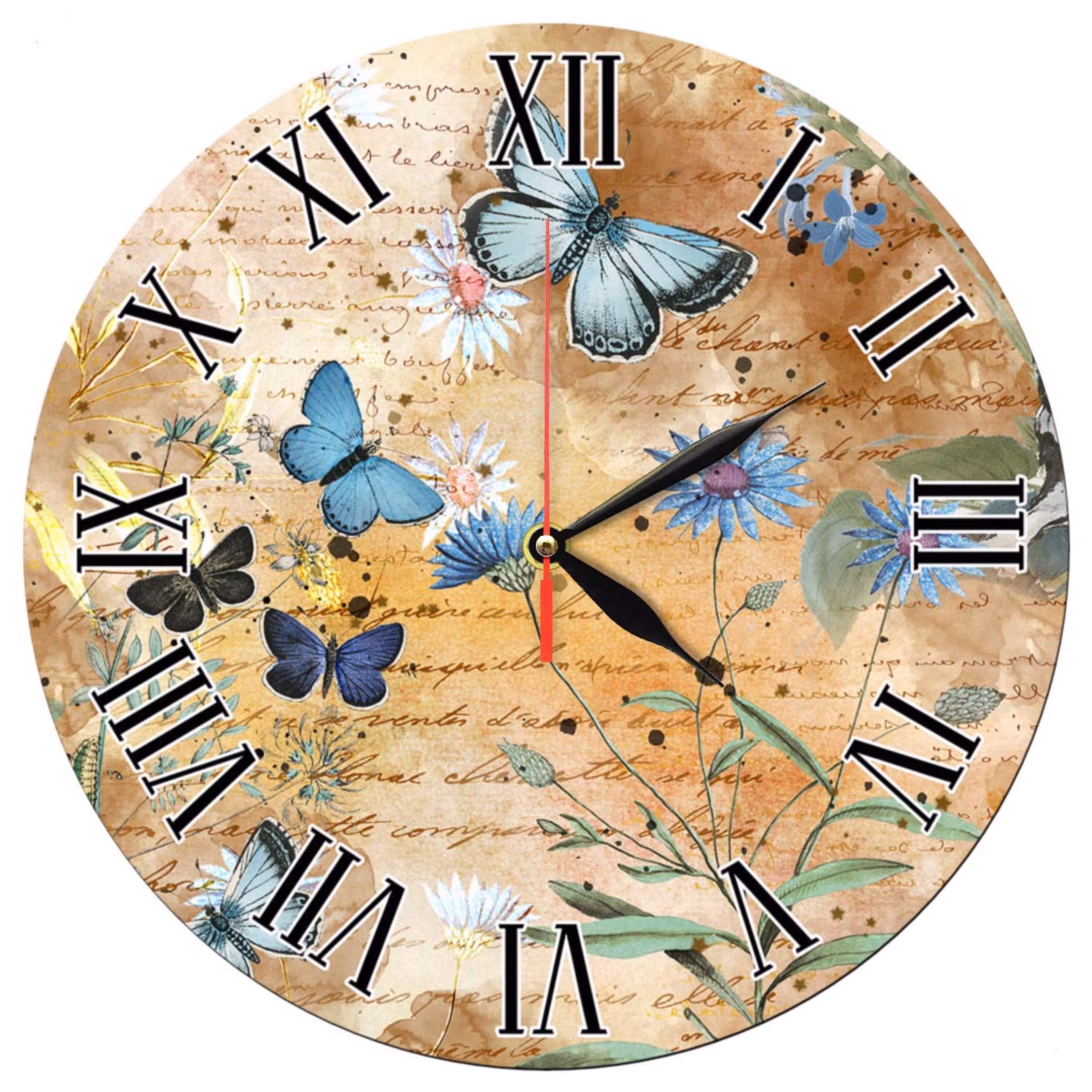 ساعت دیواری گرد مدل 1191 طرح دکوپاژ گل و پروانه سایز 30