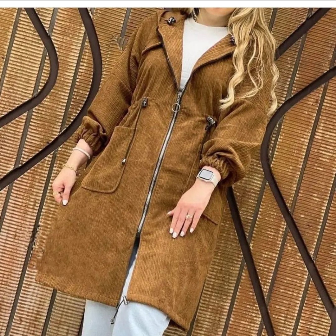 مانتو مخمل کبریتی کلاهدار