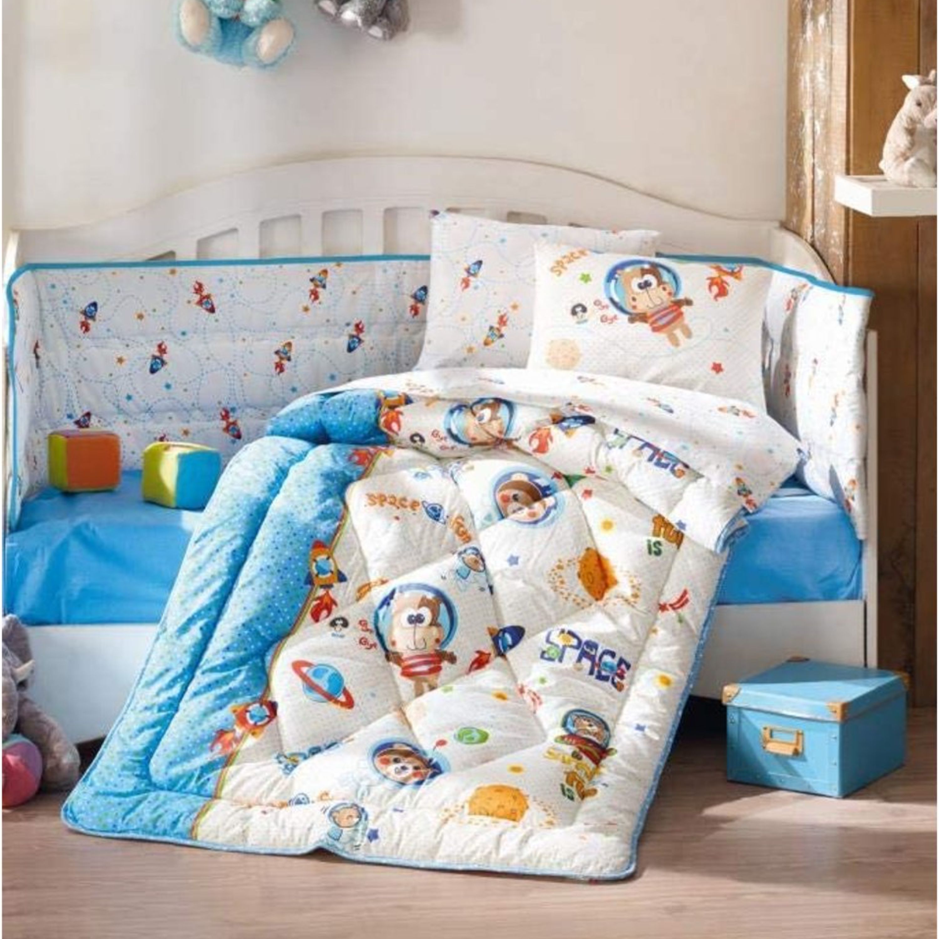 ست لحاف نوزادی کاتن باکس مدل Baby Uzay Oyunu Mavi  شش تکه