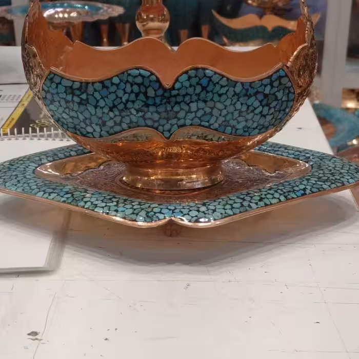 کشکول و سینی مسی فیروزه کوب قلمزنی اعلا 