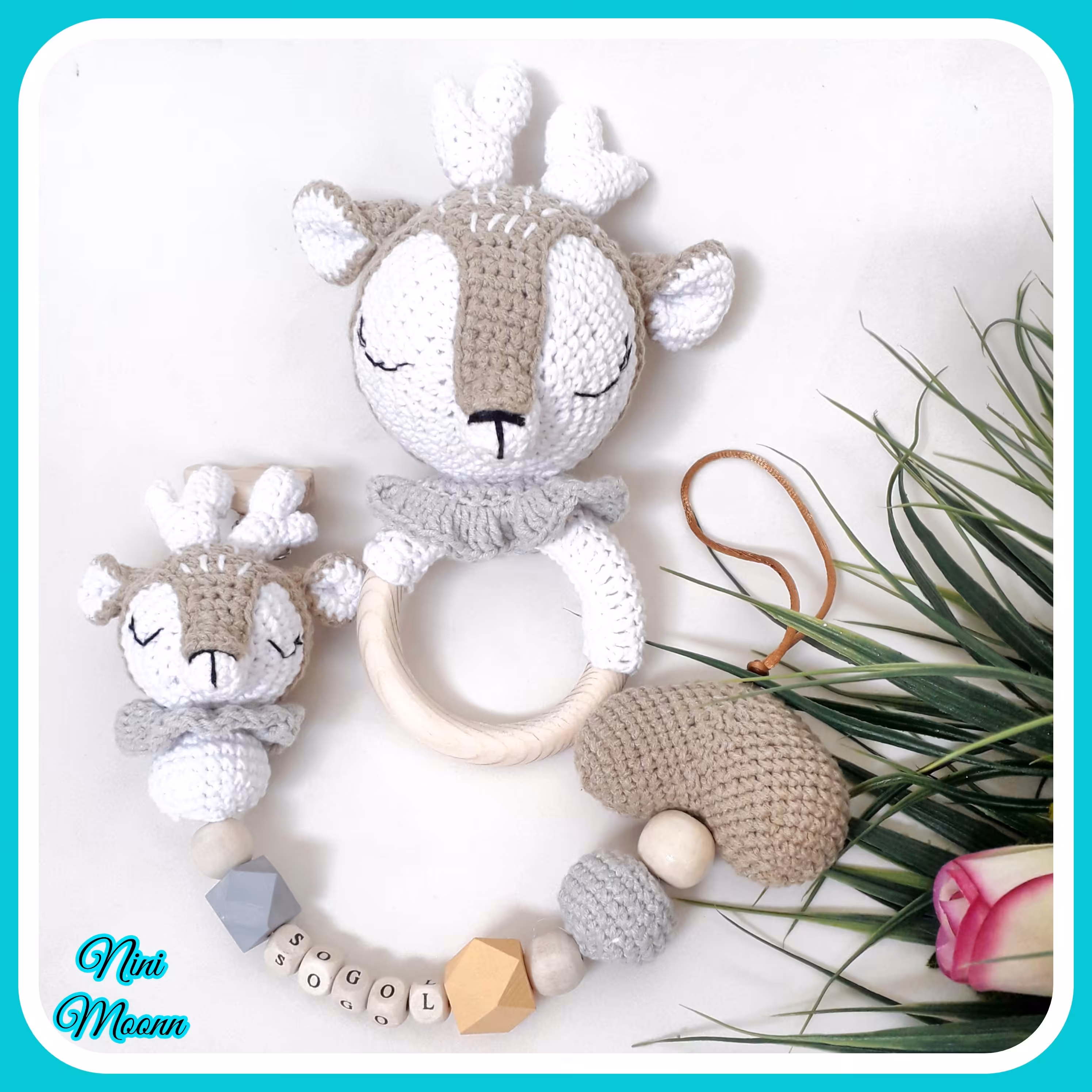 ست جغجغه و بندپستونک گوزن ، بافتنی با کاموا یارن آرت جینز ترک و ضد حساسیت نوزادی