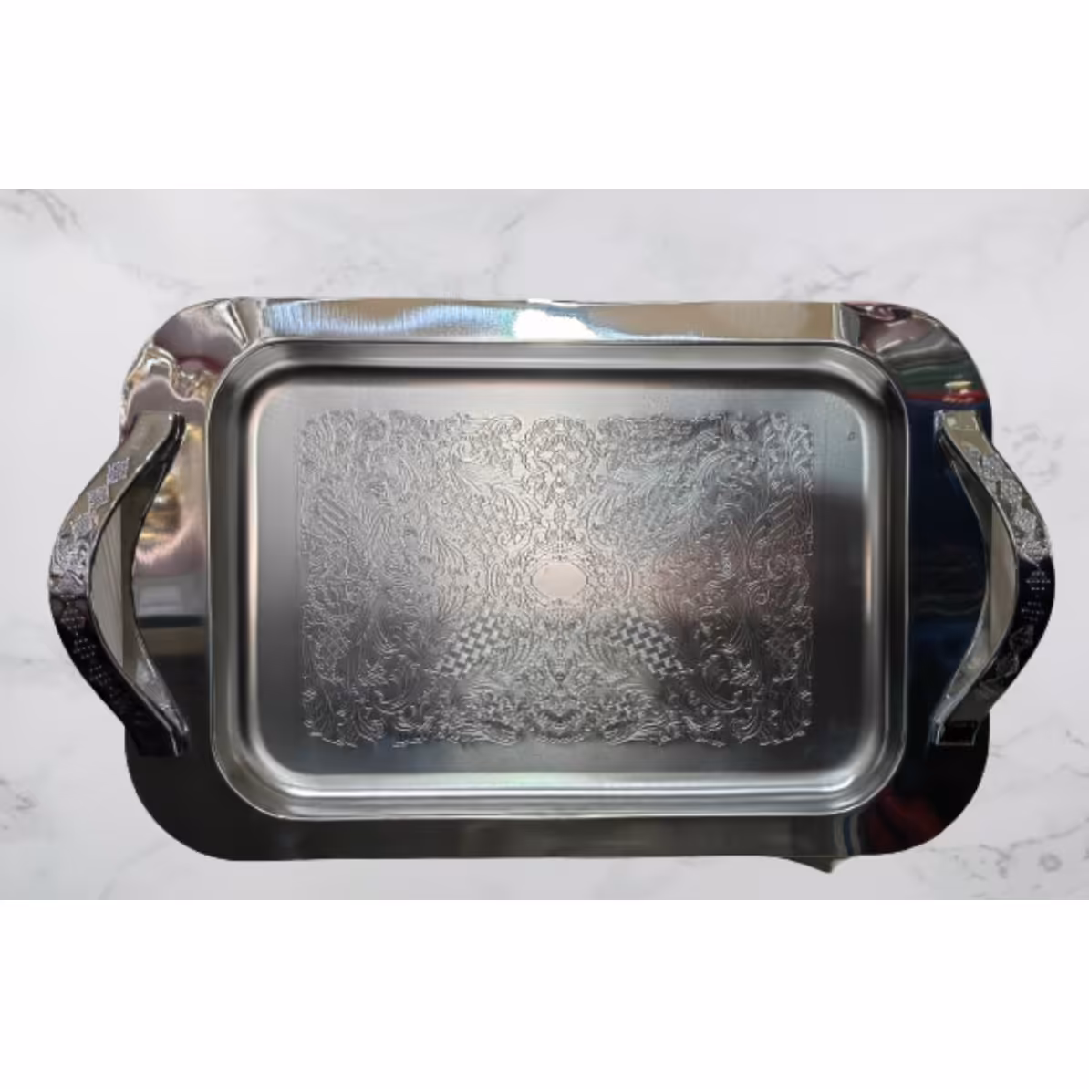 سینی استیل سیلا گلدار مستطیل بزرگ دسته لوزی کد 104