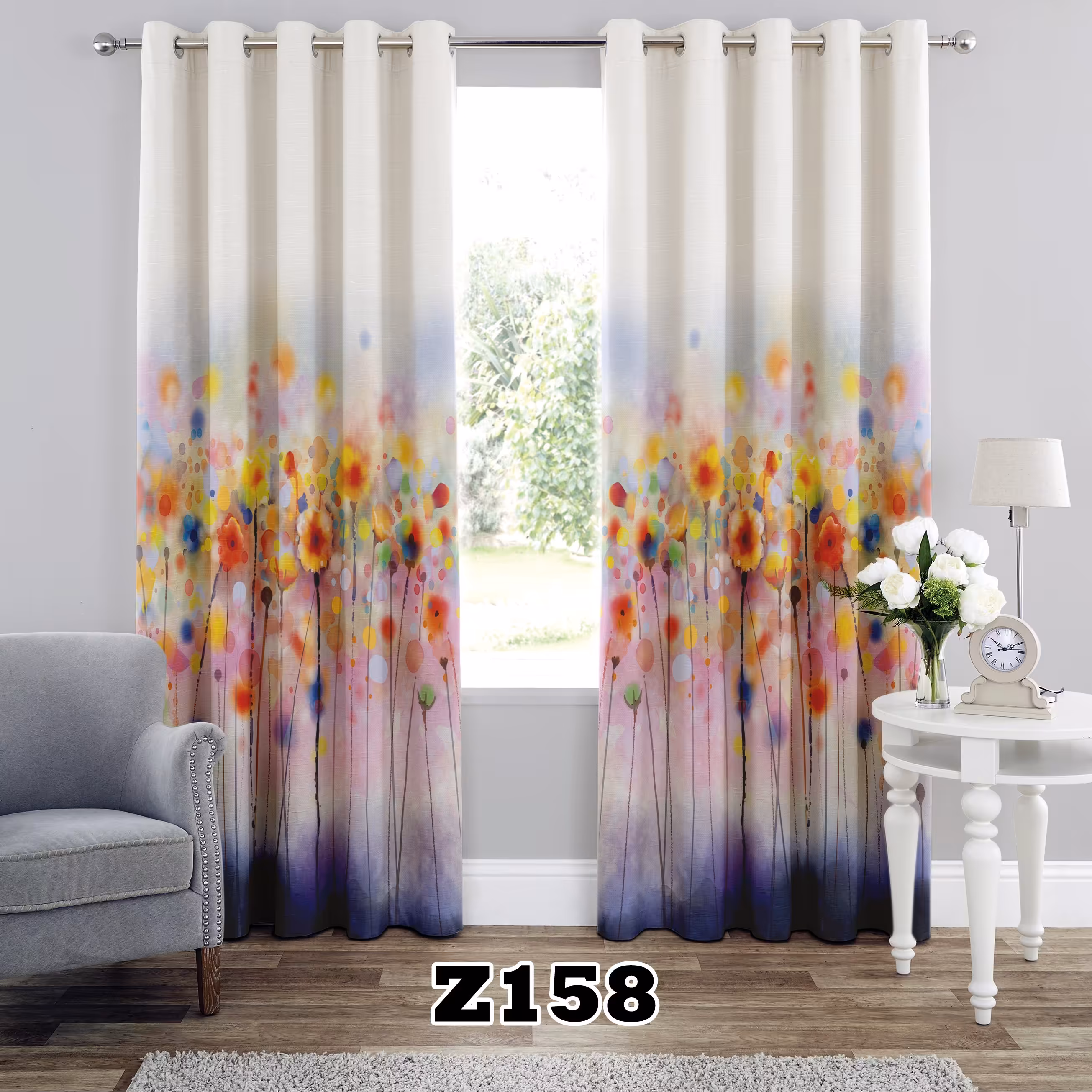 پرده چاپی طرح آبرنگی کد Z158 تک قواره ارتفاع 300 عرض 140 سانت