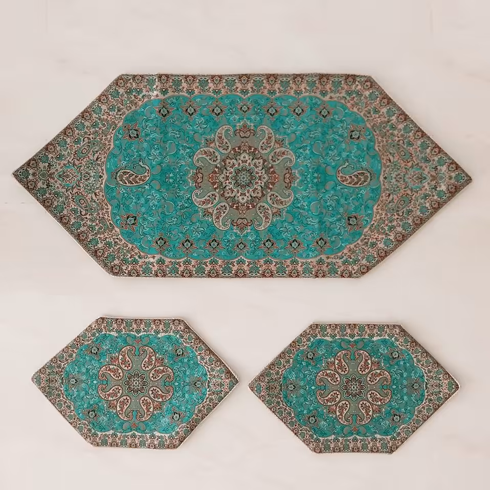 رومیزی ترمه ست 3 تکه طرح نسترن جدید رنگ سبز با کیفیت عالی 