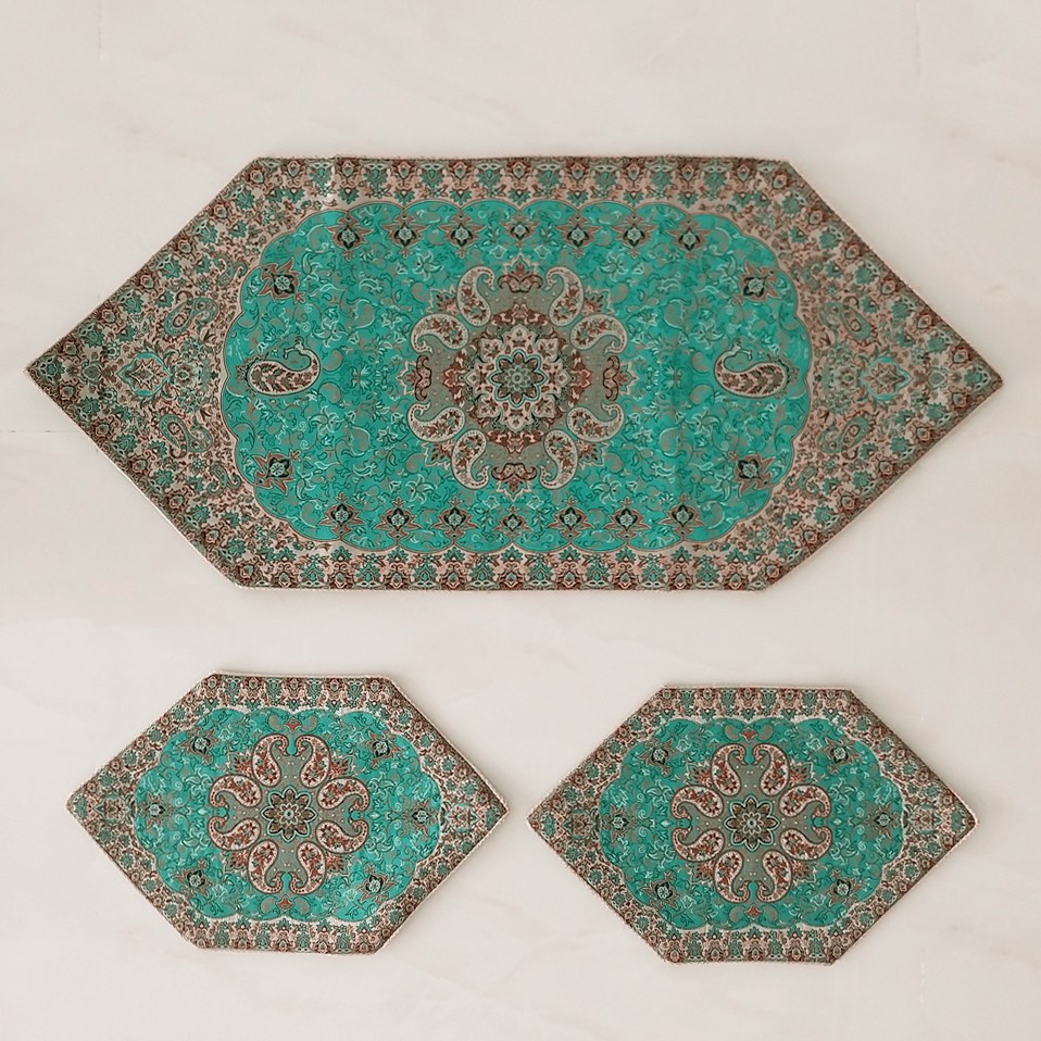 رومیزی ترمه ست 3 تکه طرح نسترن جدید رنگ سبز با کیفیت عالی 