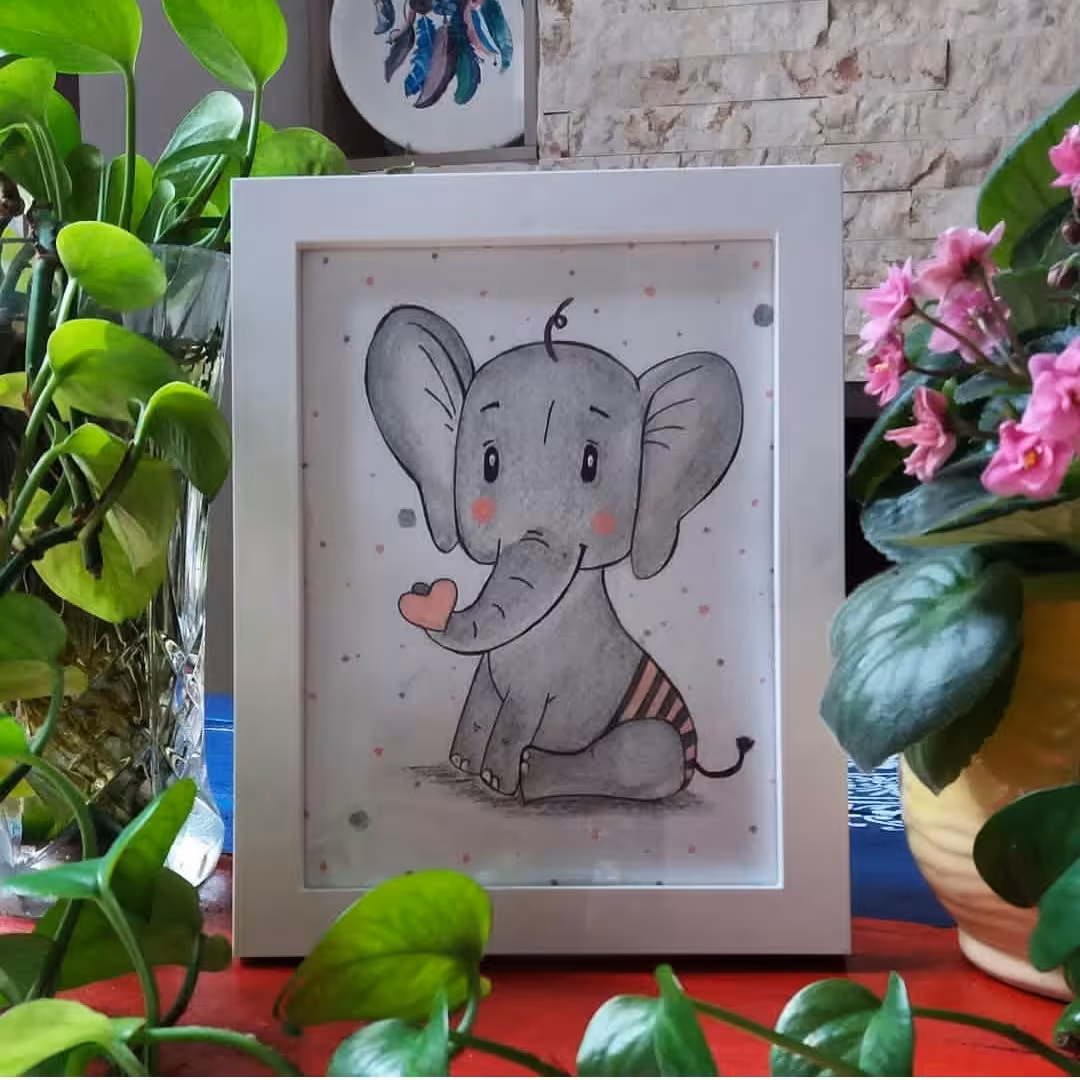 تابلو  فیل قلبی دارای قاب و شیشه کاردست رنگ شده با رنگ آبرنگ