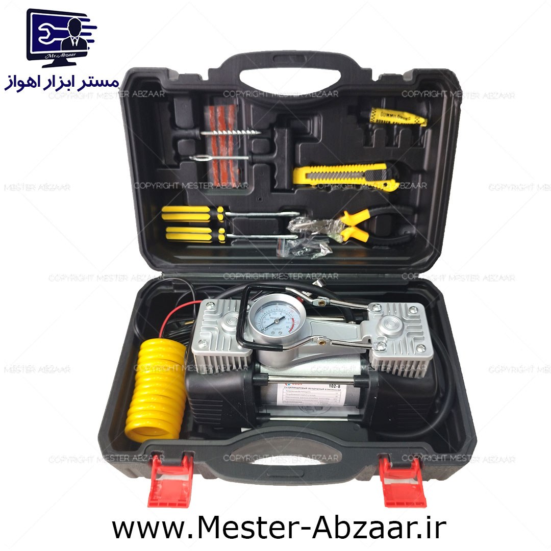کمپرسور و پمپ باد فندکی خودرو دو سیلندر با لوازم و کیف ادون مسافرتی مدل EDON 102-8