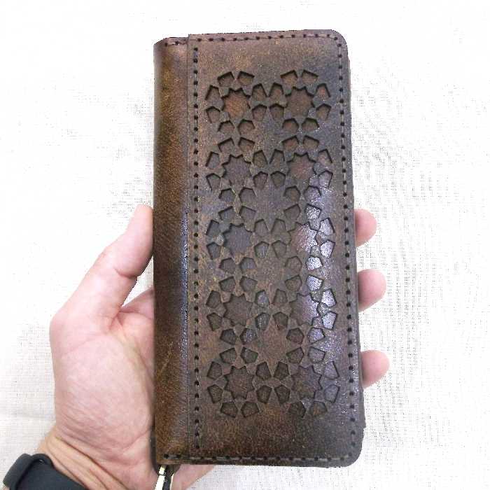 کیف پول چرم قهوه ای پتینه طرح دار مدل WS69