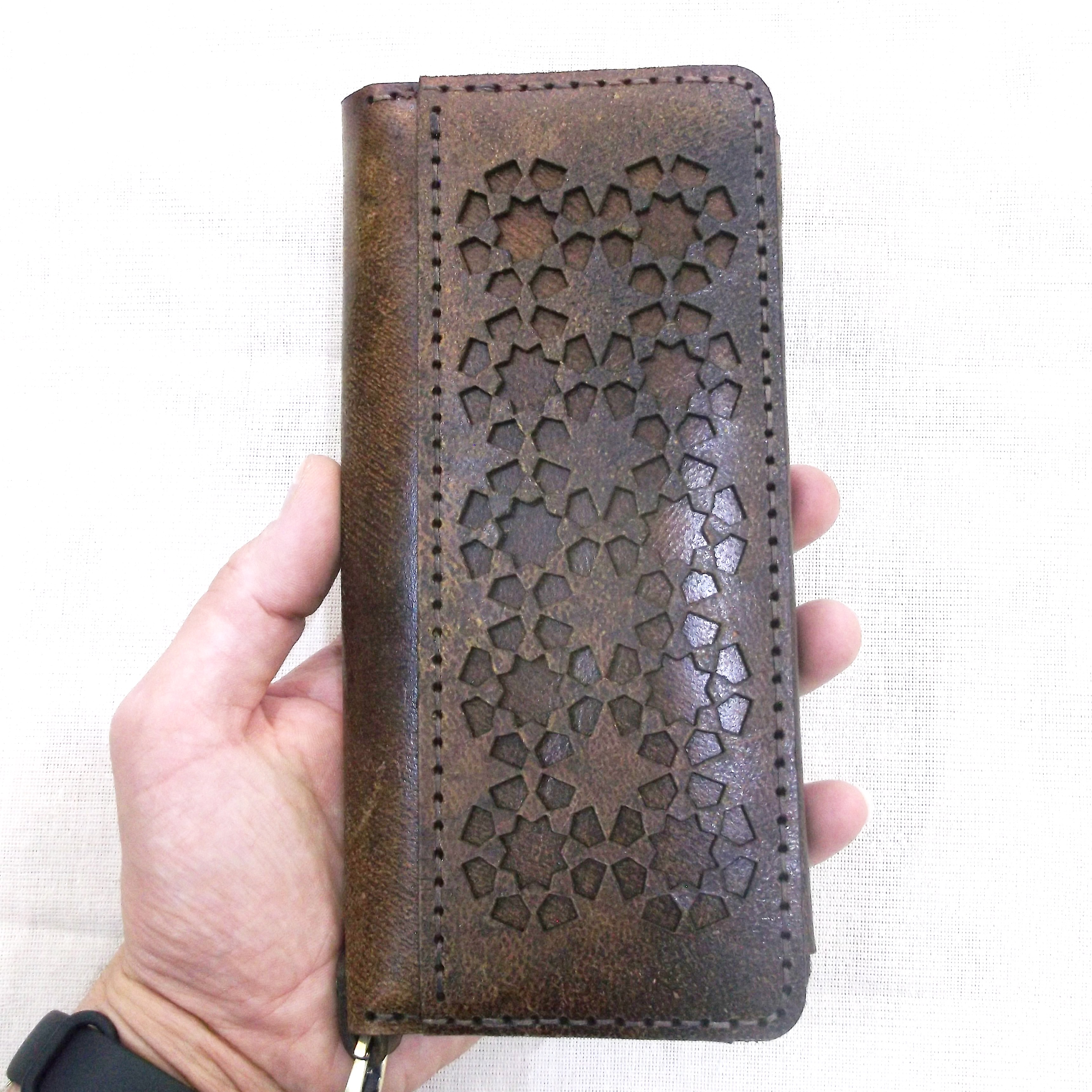 کیف پول چرم قهوه ای پتینه طرح دار مدل WS69