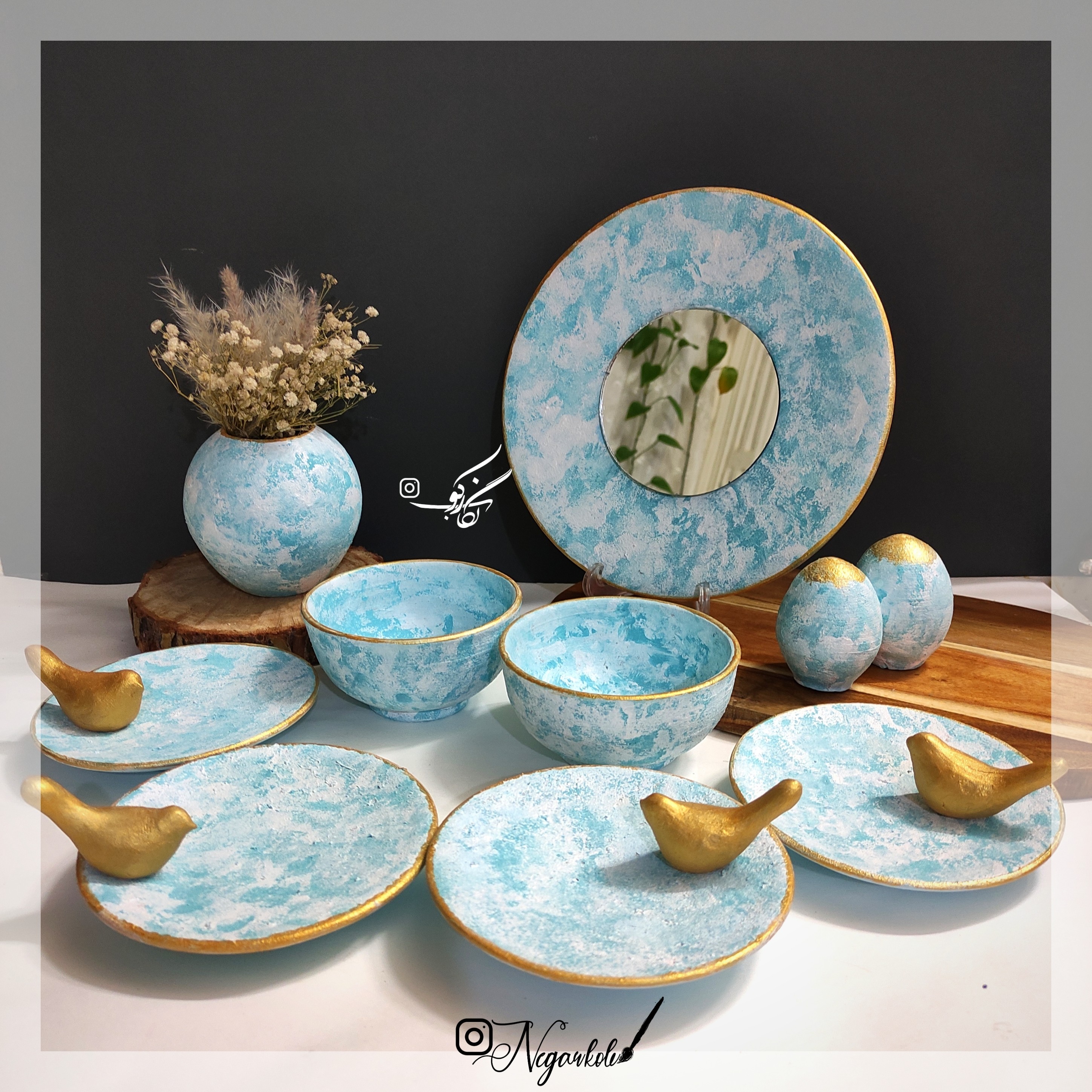 هفت سین سفالی طرح پتینه به رنگ زیبای فیروزه ای 10 تیکه 