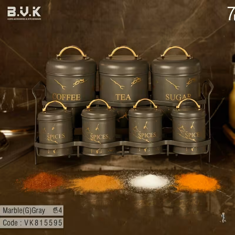 ست پاسماوری ادویه  فلزی ( طوسی طلایی با طرح ماربل (B.V.K) 815595