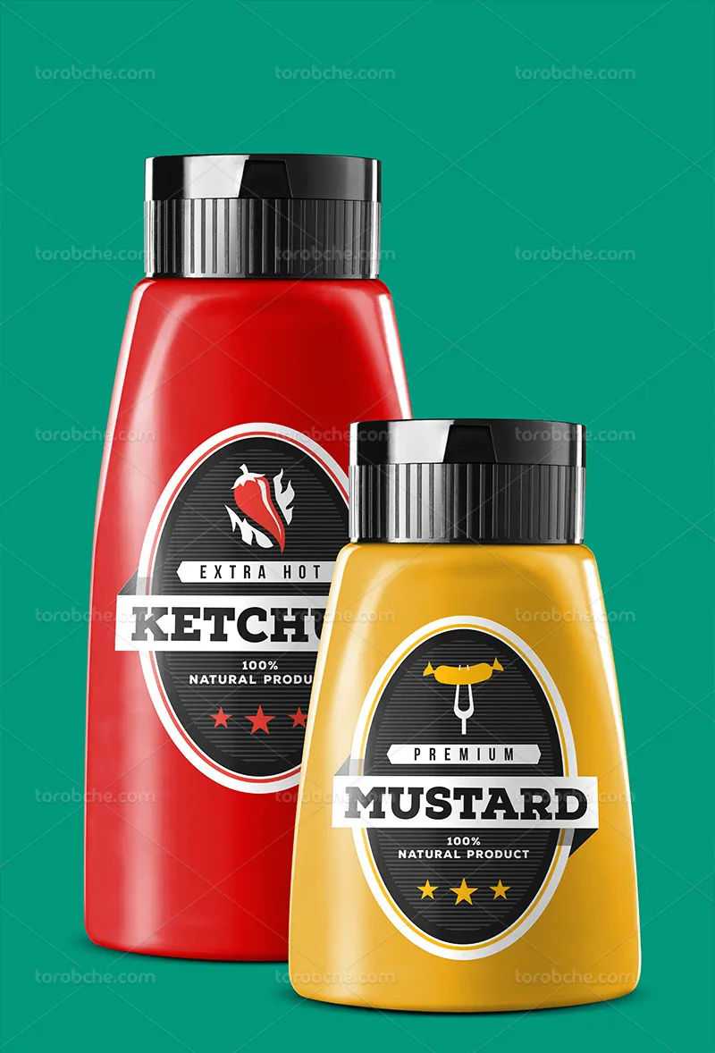 موکاپ بطری پلاستیکی سس قرمز و خردل | گرافیک با طعم تربچه