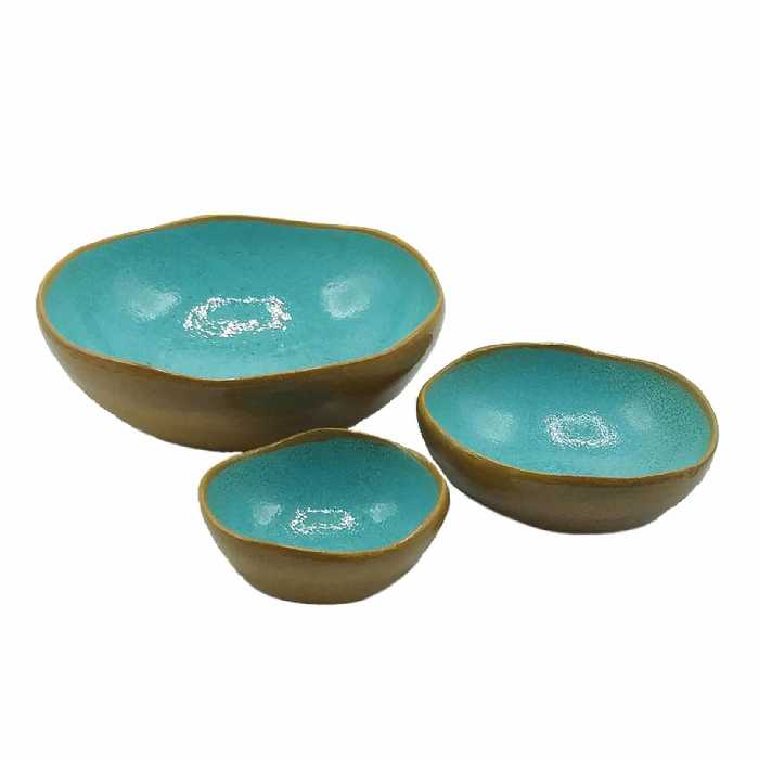 ظرف پذیرایی جنس سفال لعابی  ست سه تکه کاسه فیروزه ای مناسب هدیه و دکور