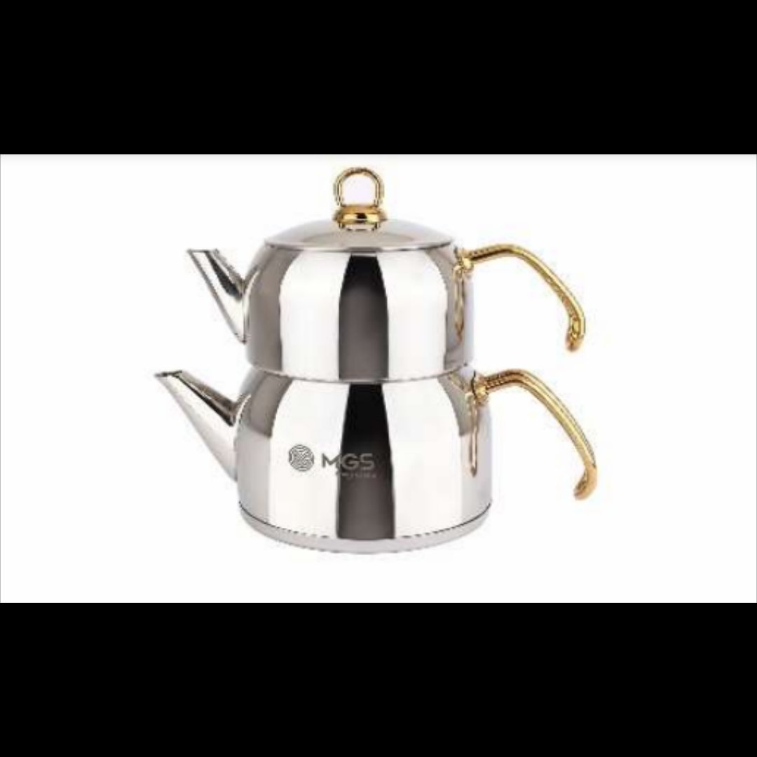 کتری و قوری لوله دار  با قوری استیل براق طلایی برند MGS  کد 41014