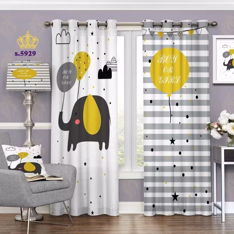 پرده اتاق کودک جدید دو قواره پانچ آماده طرح فیل کد 5929