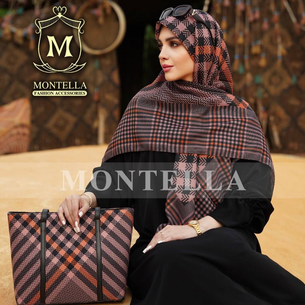 ست کیف مخمل و روسری نخی برند مونتلا طرح تارتان نارنجی (ارسال به سراسر کشور)