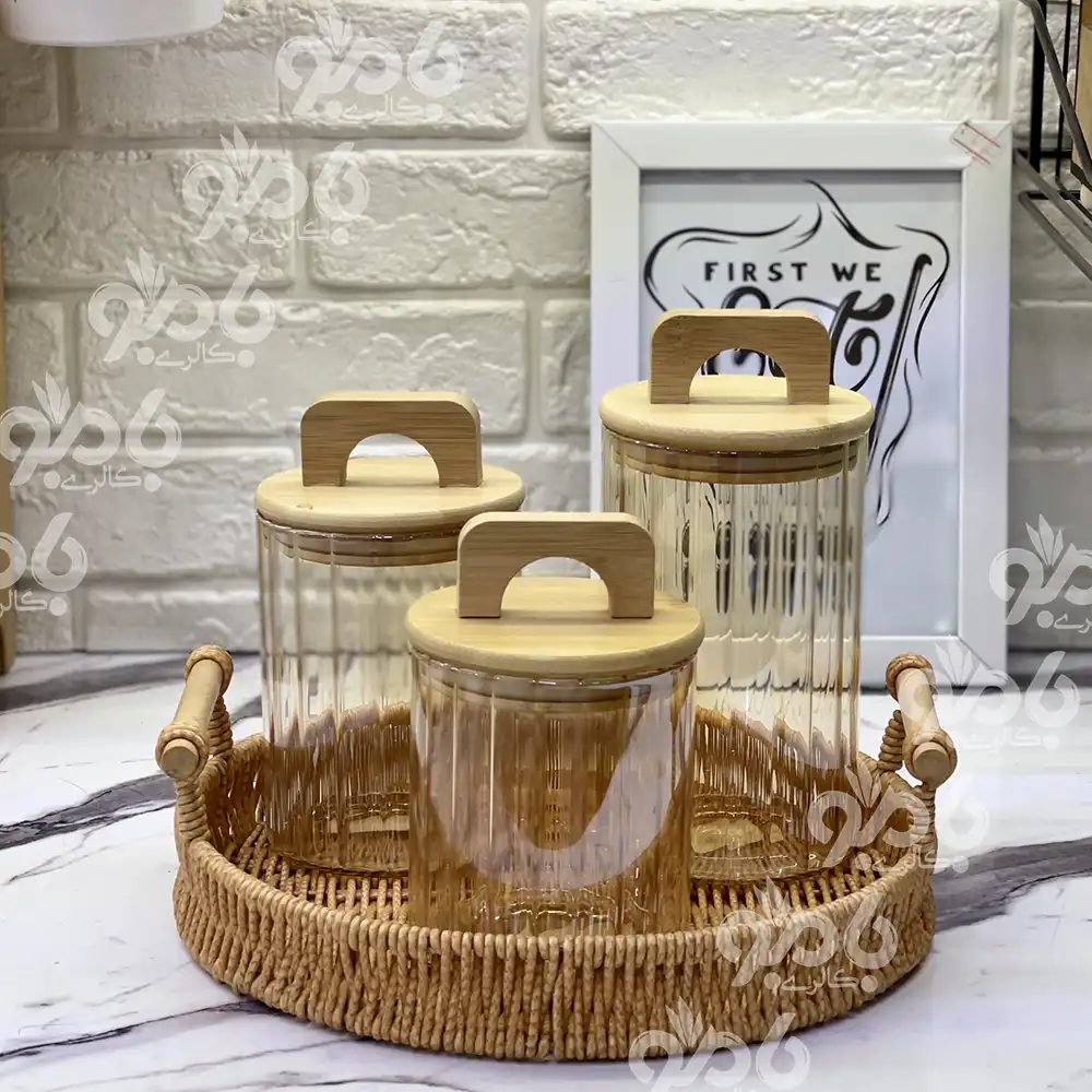 بانکه پیرکس درب بامبو دسته دار شامپاین شیار دار