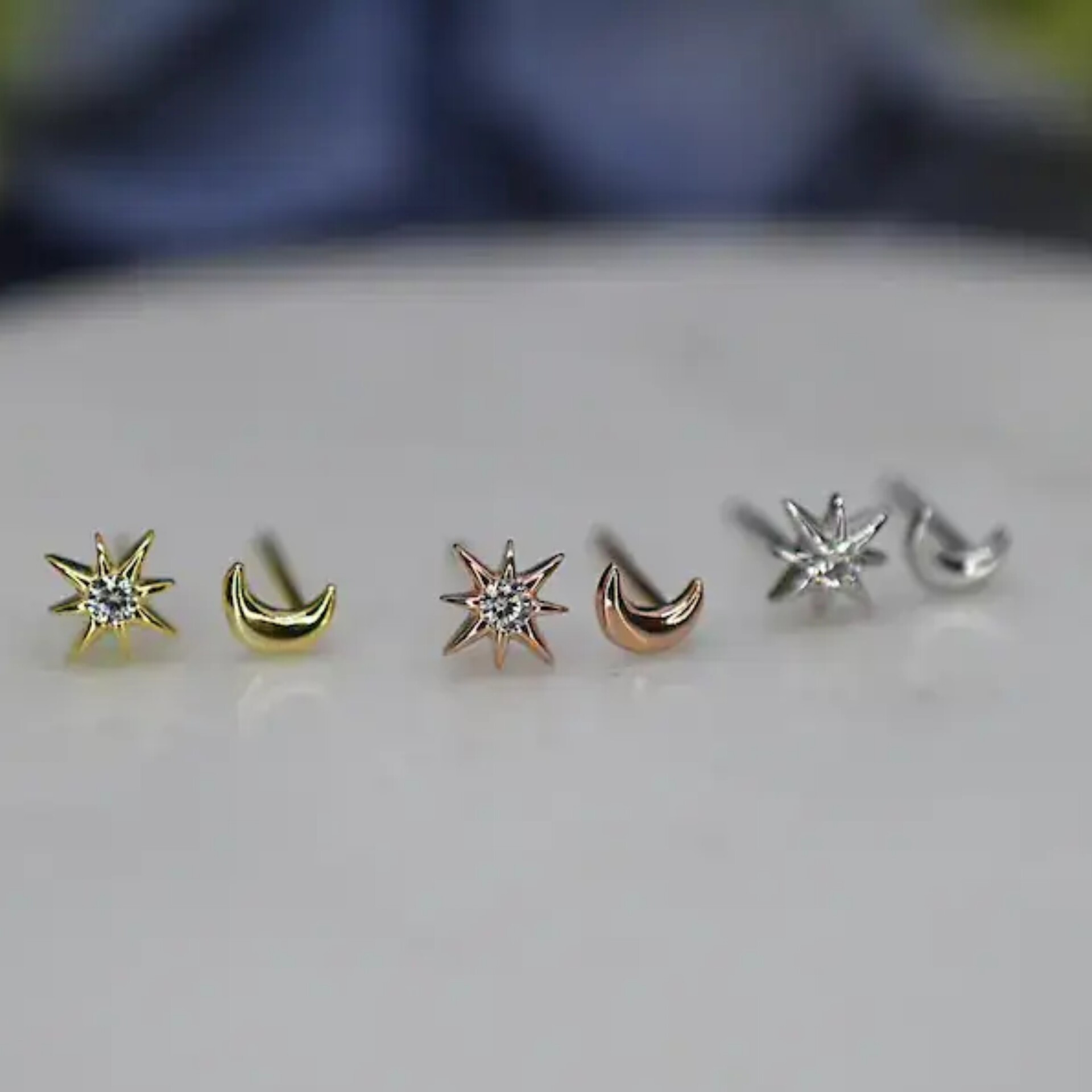 دوجفت گوشواره میخی ماه ستاره خورشیدCz Stones نقره عیار 925