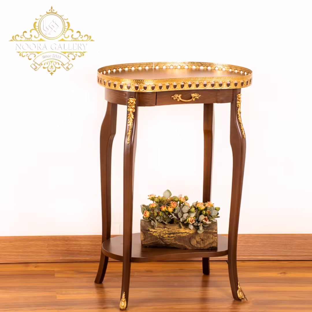 میز تلفن صفحه بیضی ترکیب چوب و برنز رنگ قهوه ای مدل لاندا(ارسال با باربری و پس کرایه)