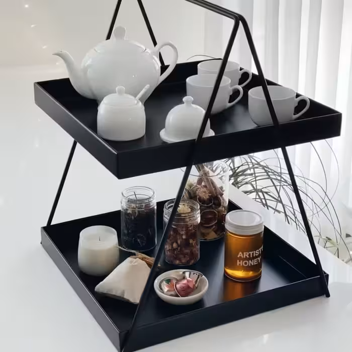 استند پاسماوری  و ادویه دو طبقه کفی فلزی مشکی  مربعی 