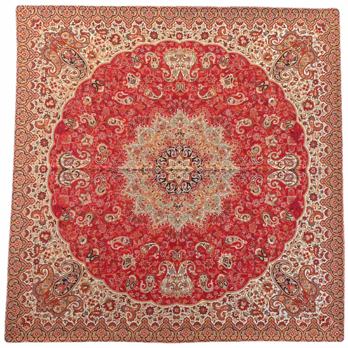 رومیزی مربع ترمه ابریشم کد TRM192 نفیس رنگ قرمز آستر زرشکی مغزی دوزی