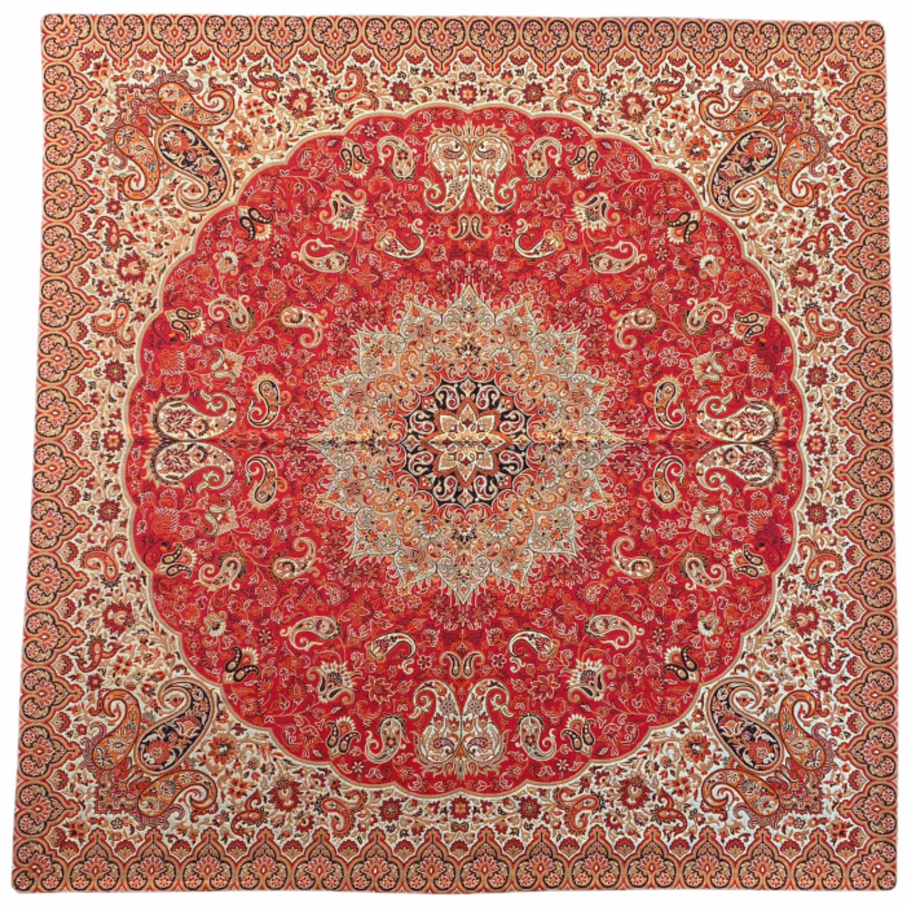 رومیزی مربع ترمه ابریشم کد TRM192 نفیس رنگ قرمز آستر زرشکی مغزی دوزی