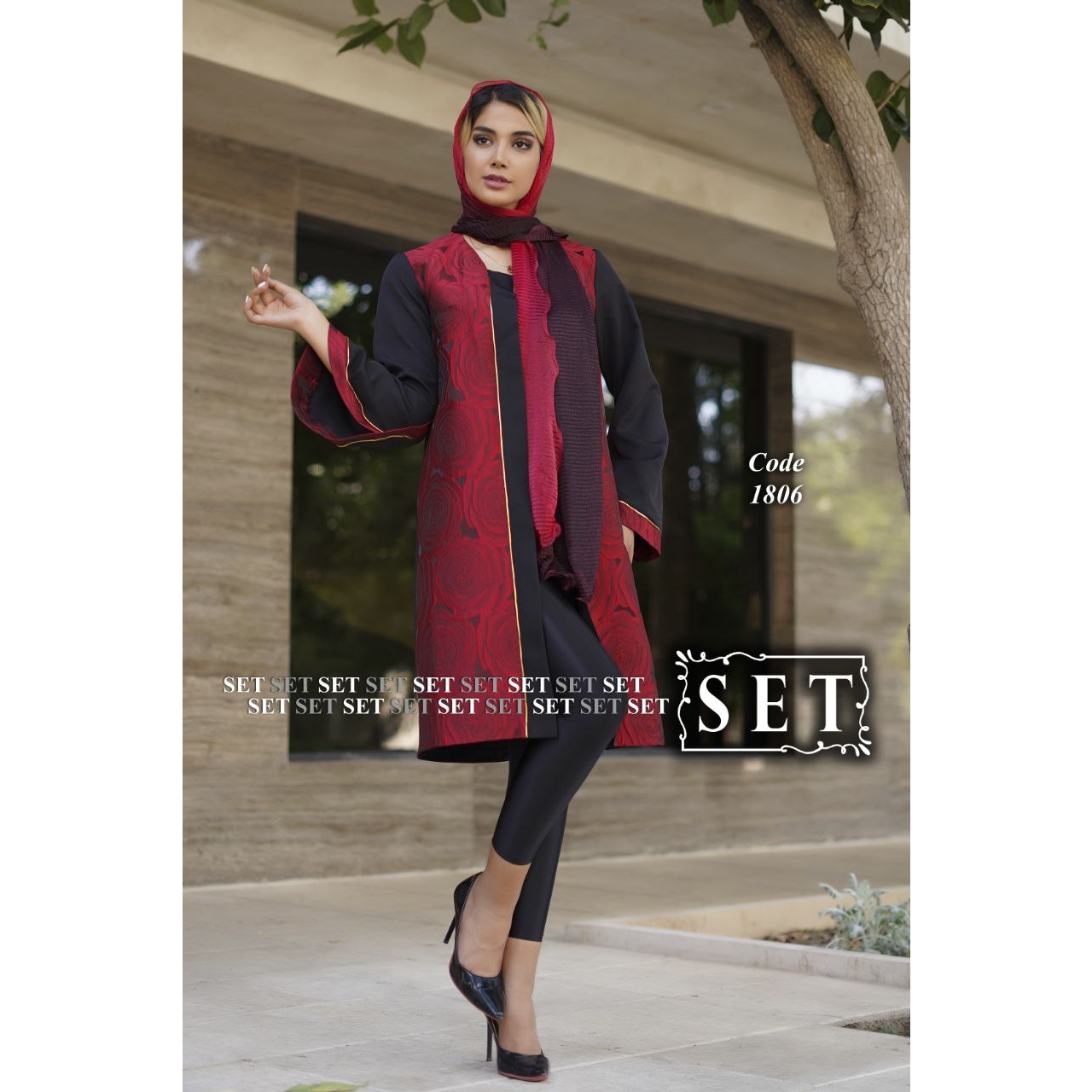 مانتو مجلسی برند set مدل ارکیده کد 1806 رنگ  قرمز کلاسیک