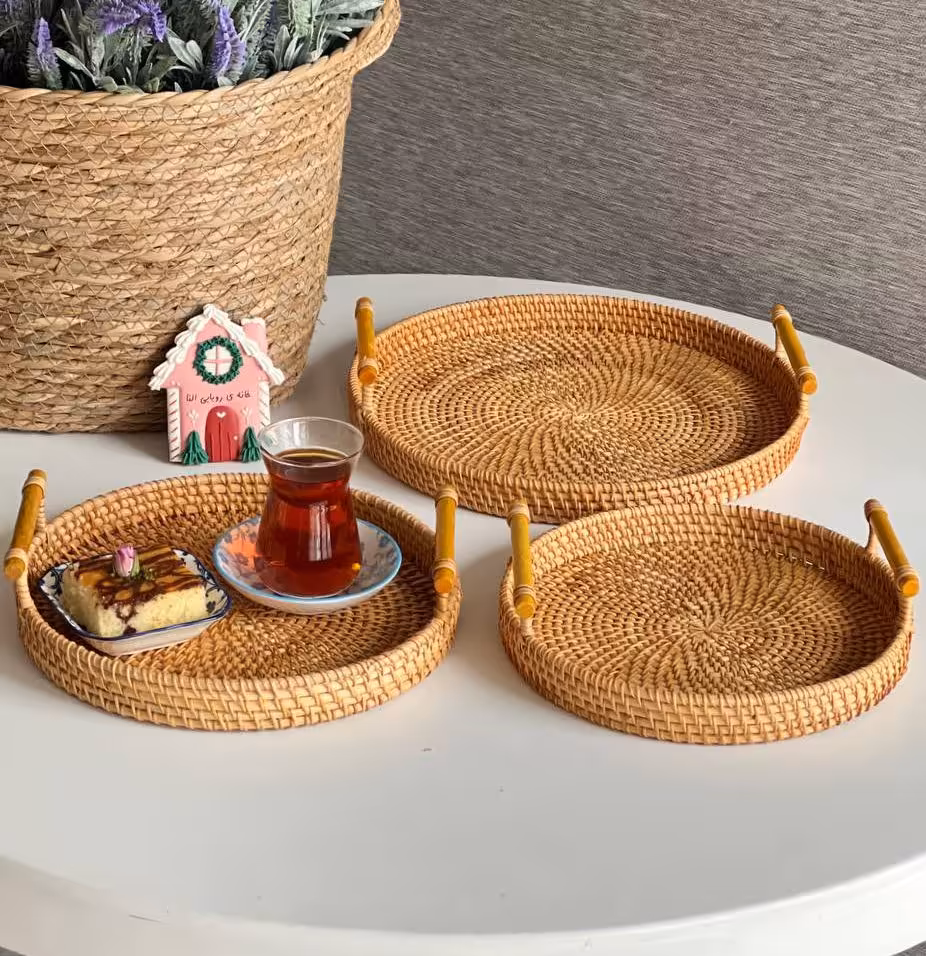 سینی گرد حصیری دسته چوبی