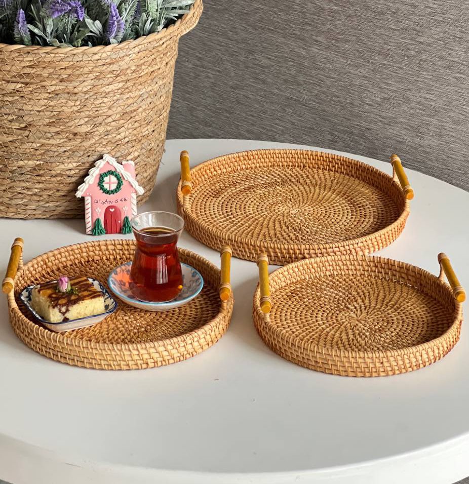 سینی گرد حصیری دسته چوبی