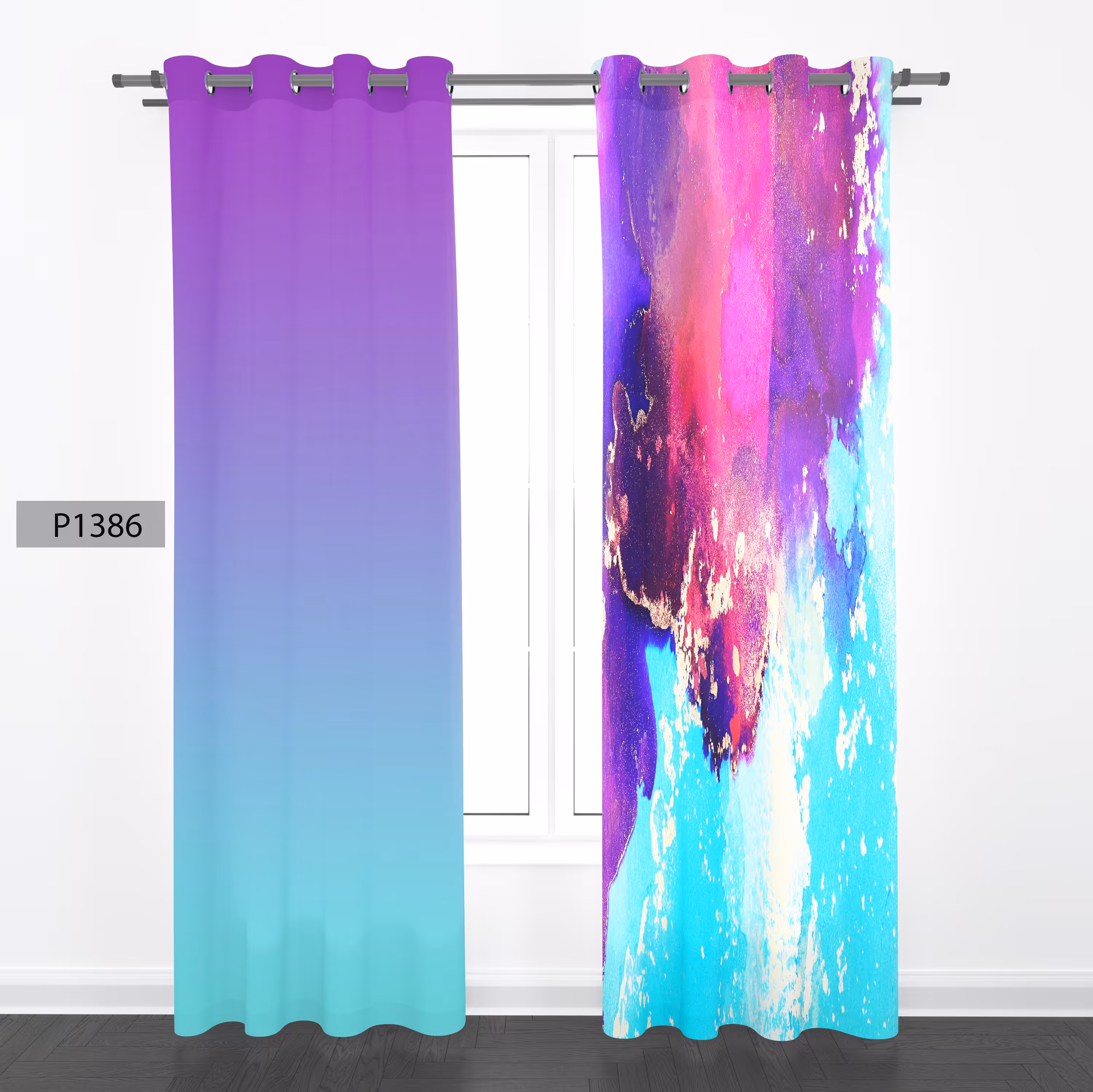 پرده هازان چاپی دوقواره دوخته شده پانچ شده هر قواره عرض 140ارتفاع 190 کد1386