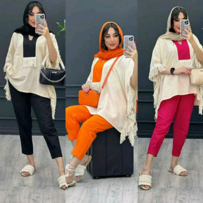 مانتو شلوار زنانه لنین و داکرون مدل ست مانتو شلوار ریش ریش