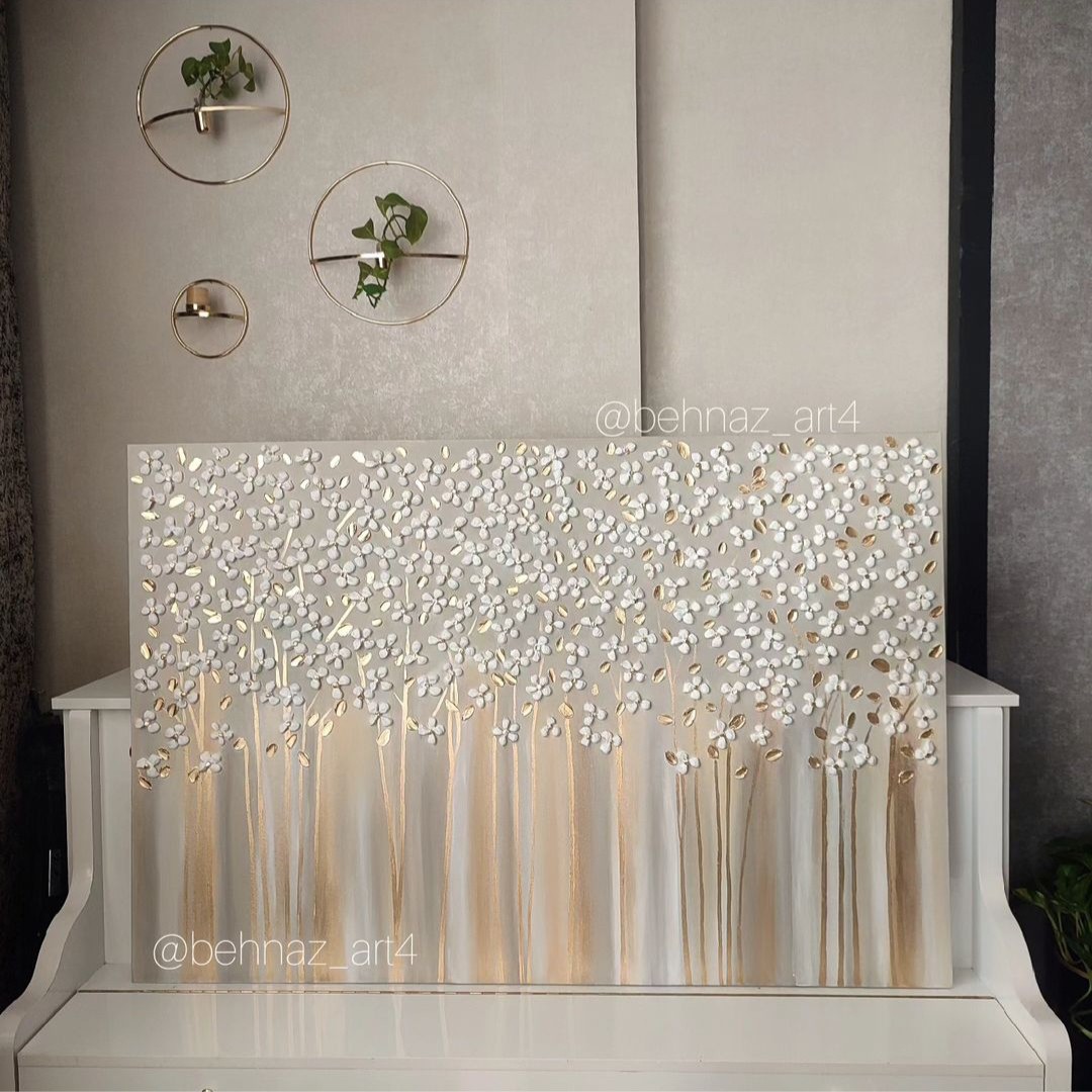 تابلو نقاشی برجسته مدل ریسه شکوفه طوسی طلایی