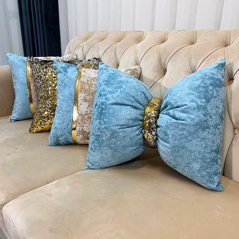 ست کوسن 4 عددی طرح ترکیبی پتینه کرم طلایی و مخمل آبی