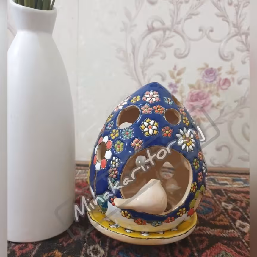 جاشمعی گنبدی پرنده دار همراه نعلبکی سفالی میناکارب