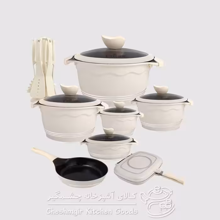 سرویس قابلمه گرانیتی یونیک 19 پارچه کرم مدل UN-8861