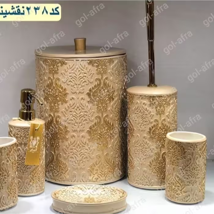 ست رومیزی مایع دستشویی و جا صابون و جا مسواکی 3 تیکه کرم طلایی پلی رزین 