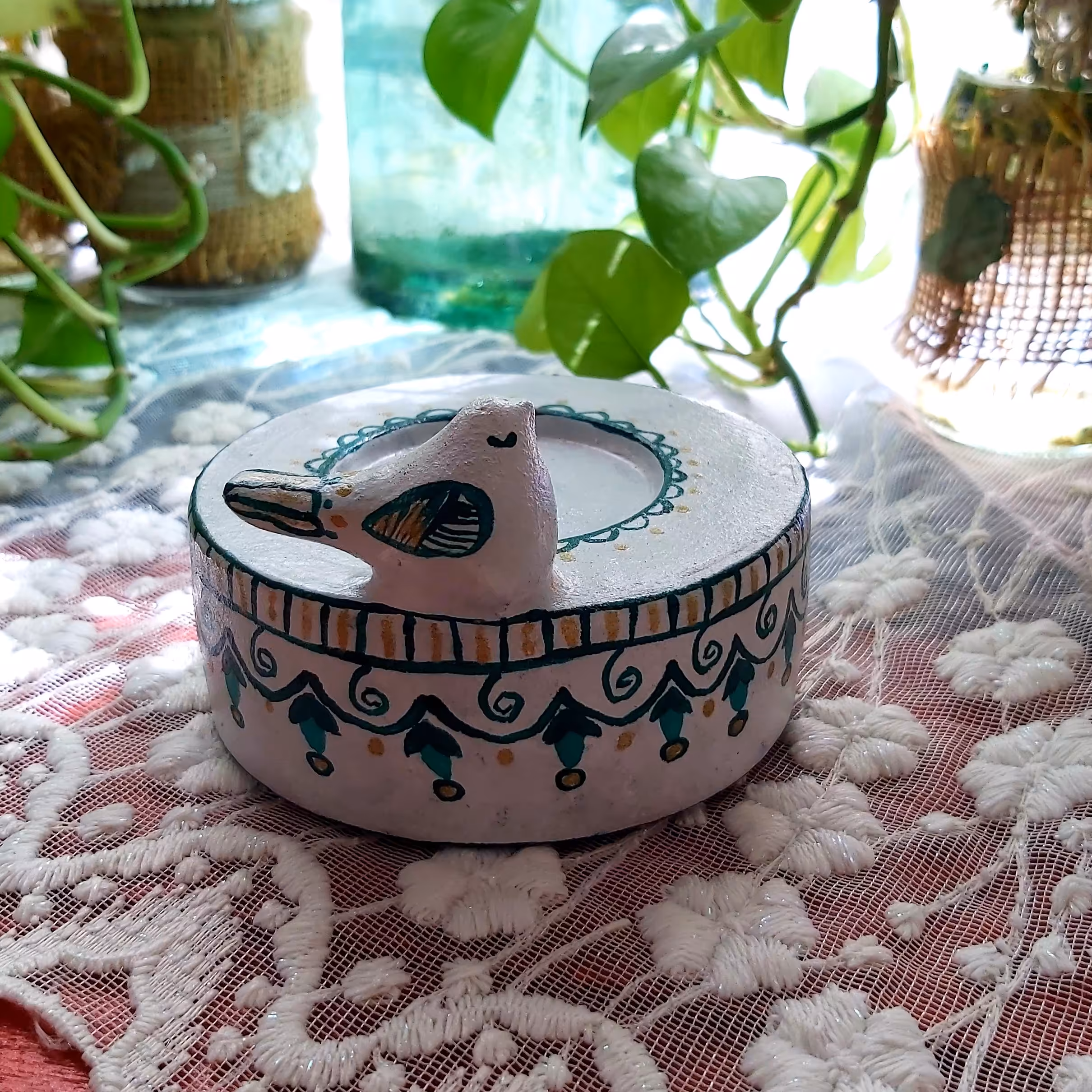 جاشمعی طوسی و سبز سنتی،،طراحی شده با دست،قابل شستشو