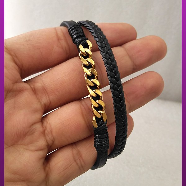 دستبند چرمی با زنجیر کارتیه طلایی