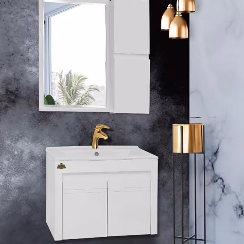 روشویی کابینتی لیزا سفید سایز 50 با سنگ فلت همراه آینه باکس