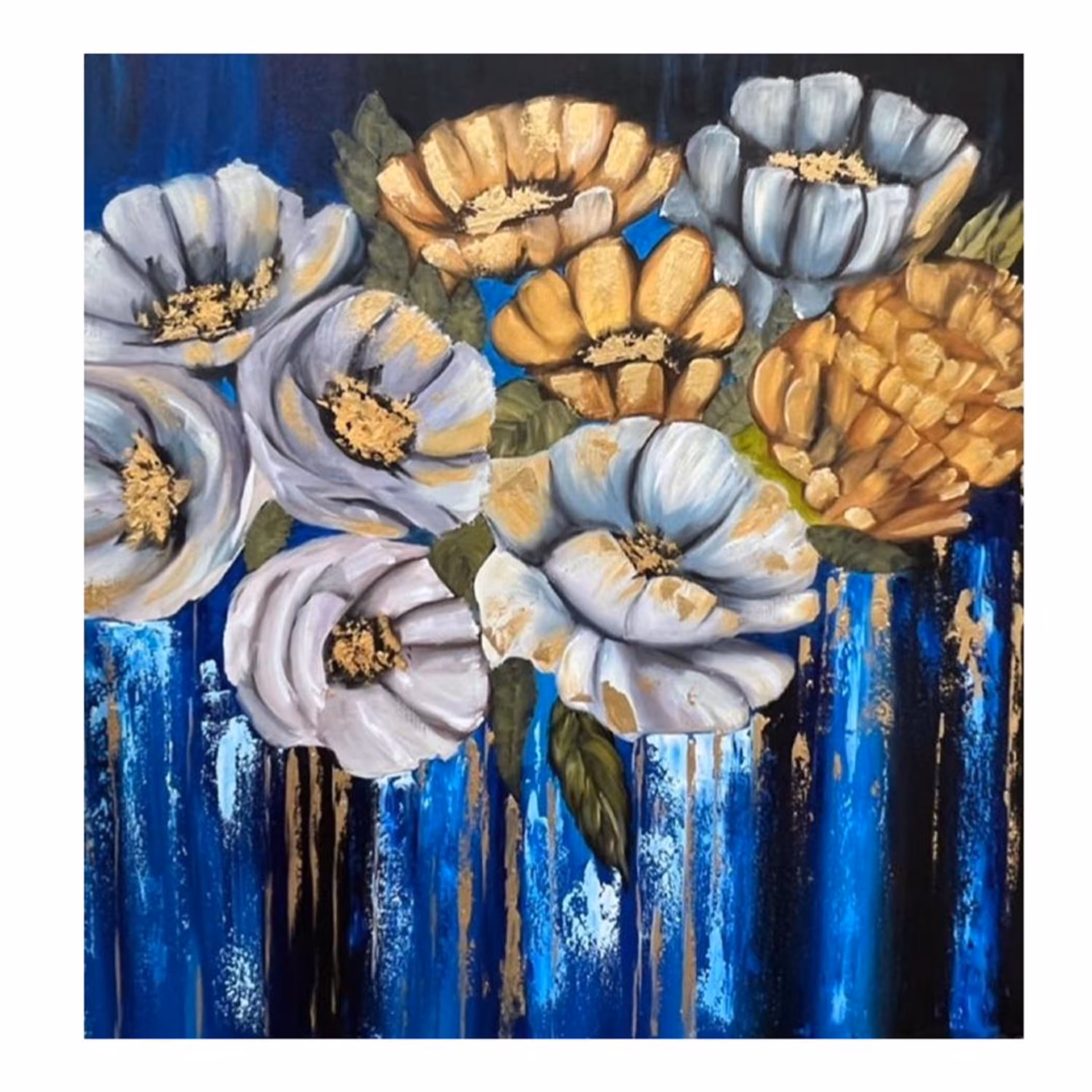 تابلو نقاشی رنگ روغن طرح گل طوسی و طلایی 