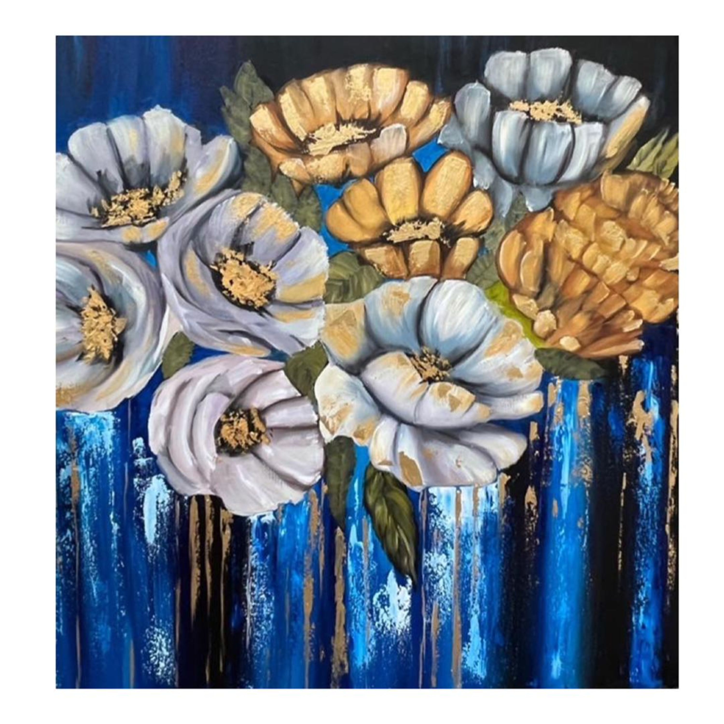 تابلو نقاشی رنگ روغن طرح گل طوسی و طلایی