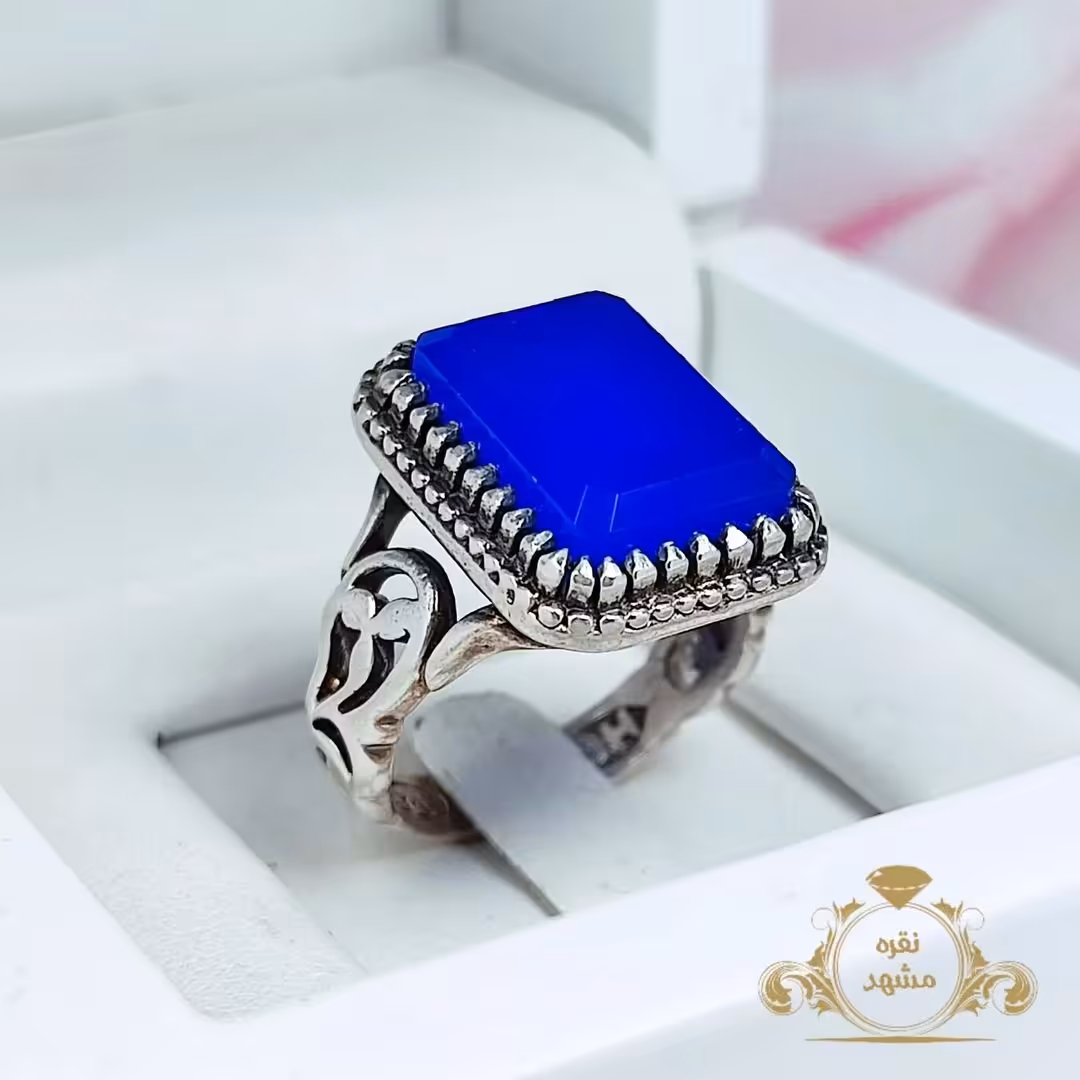 انگشتر  عقیق آبی طرح رهبری چهار گوش (کد 1199)