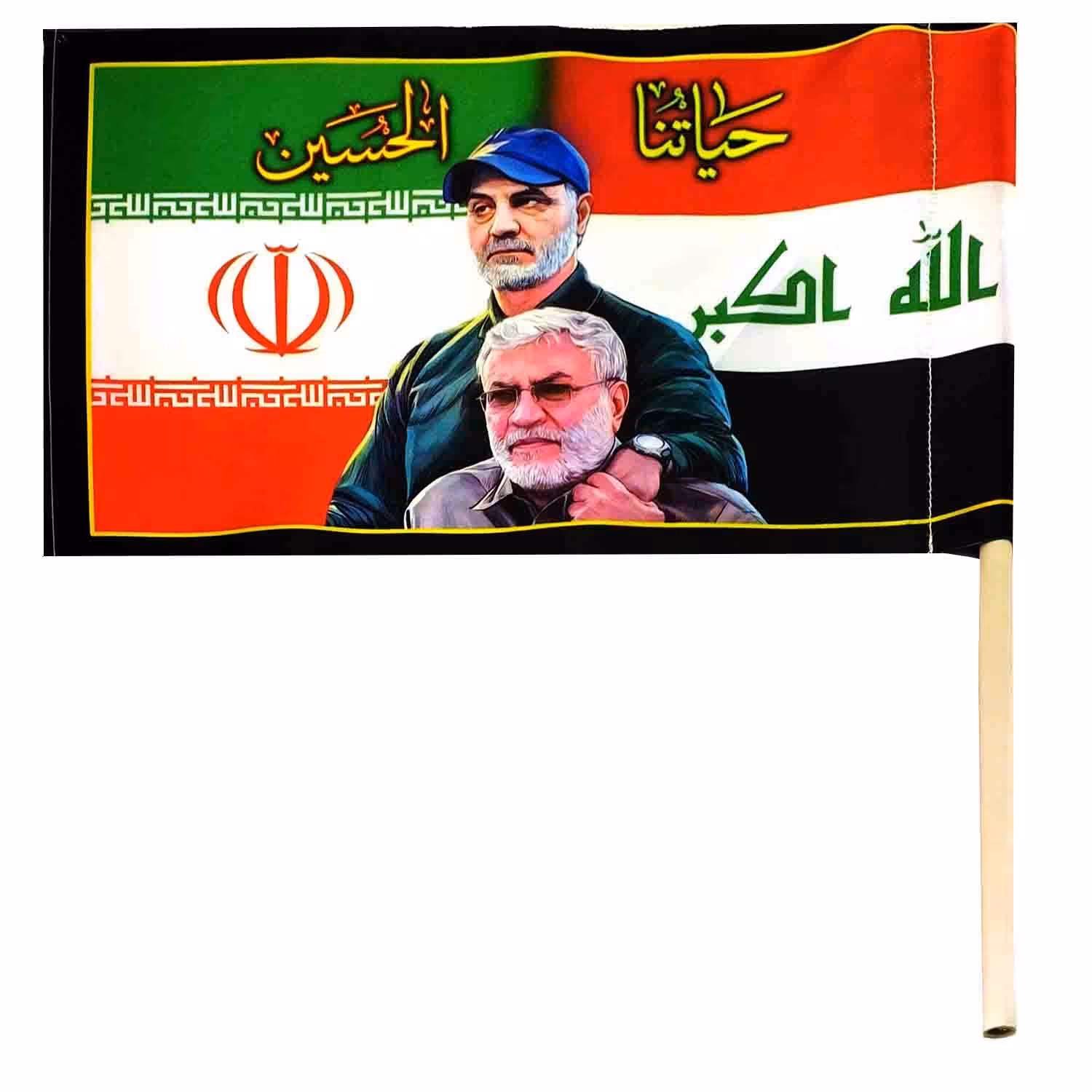 102928-پرچم ساتن ایران و عراق-تصویر سردارسلیمانی و ابومهدی المهندس مناسب اربعین
