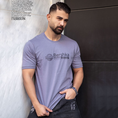 تیشرت مردانه Bershka برشکا رنگ طوسی نخ پنبه آستین و یقه کشی