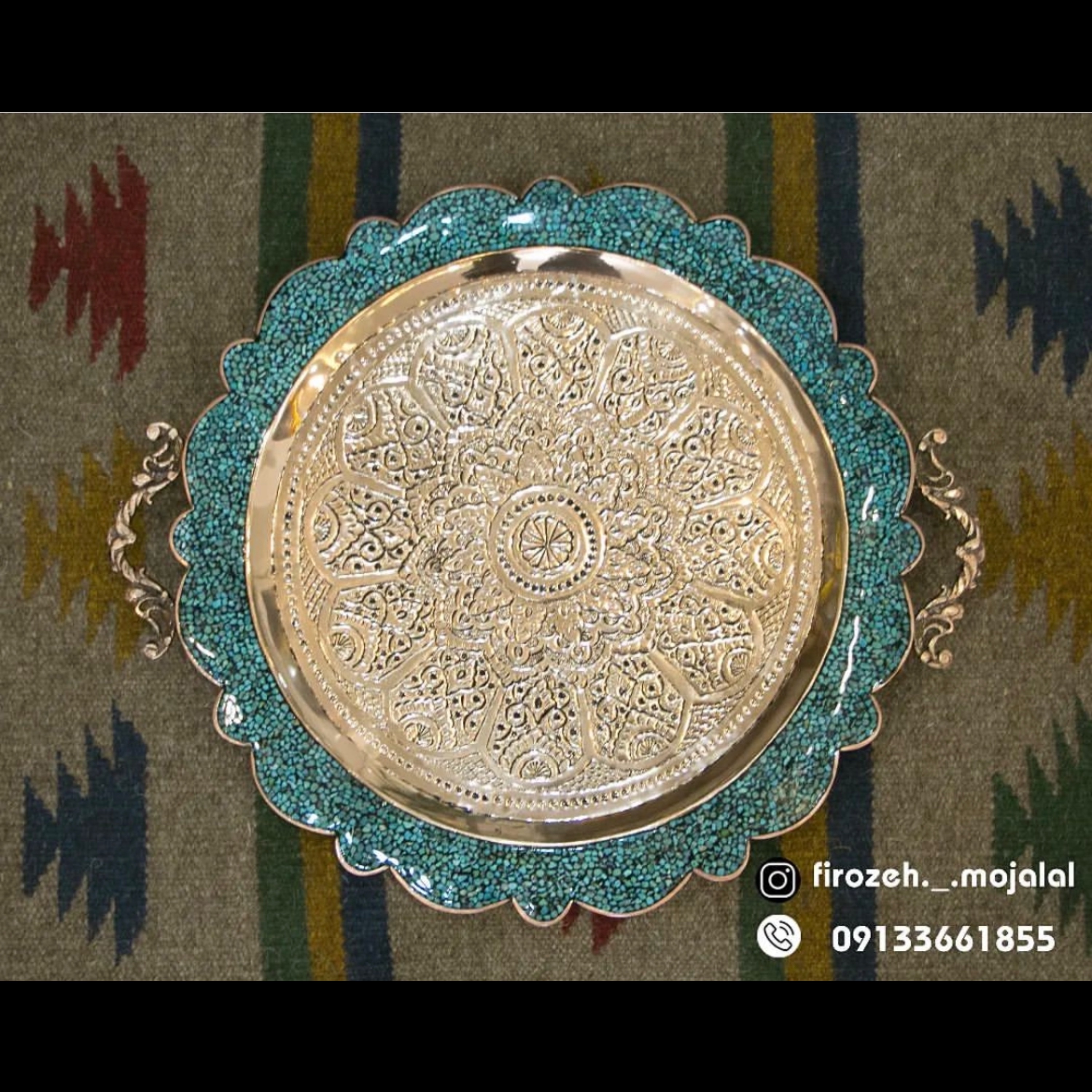 سینی گرد دالبر مسی کف قلم فیروزه کوبی 6نفره