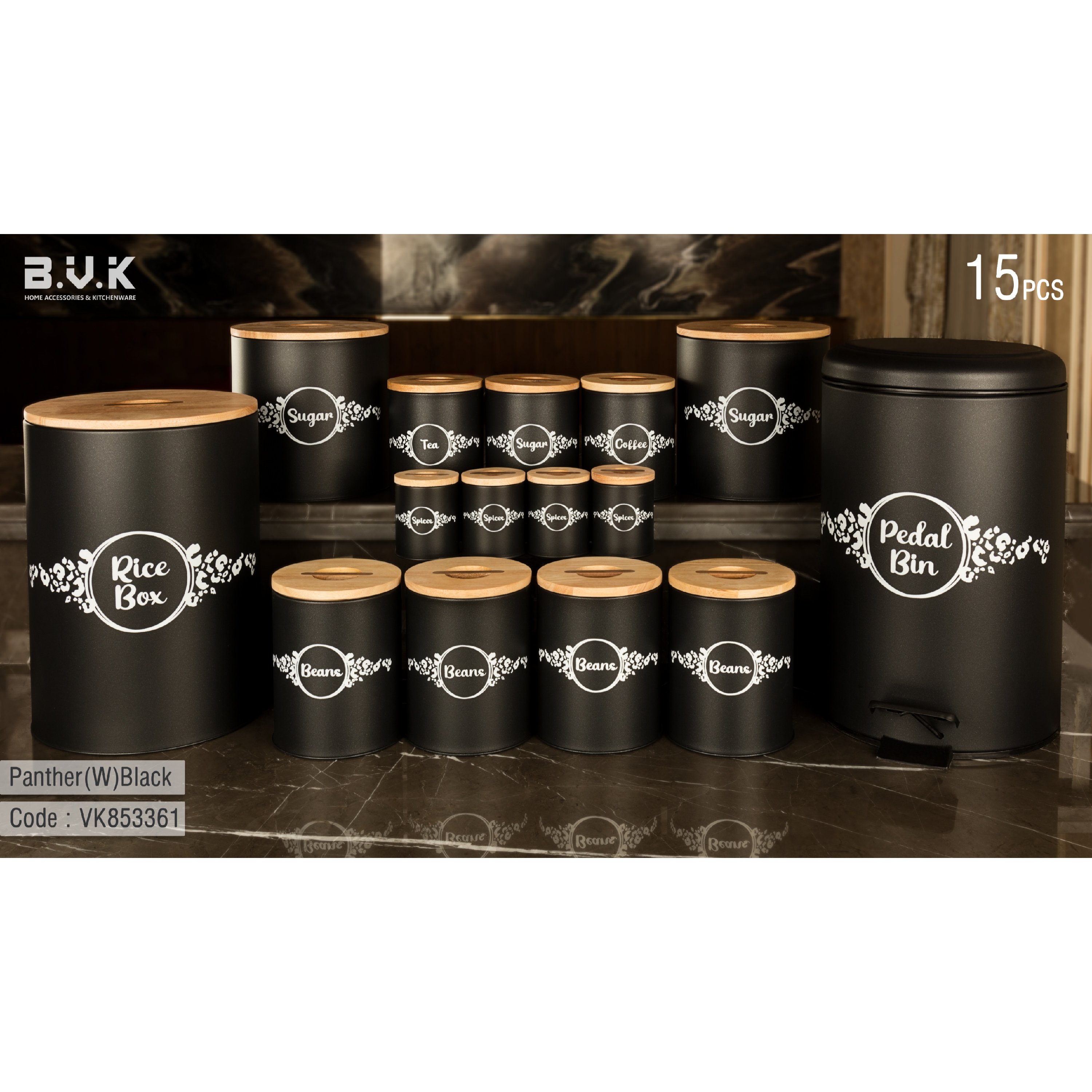 سرویس آشپزخانه 853361 مشکی پانتر  15  پارچه در چوبی  بی وی کی 