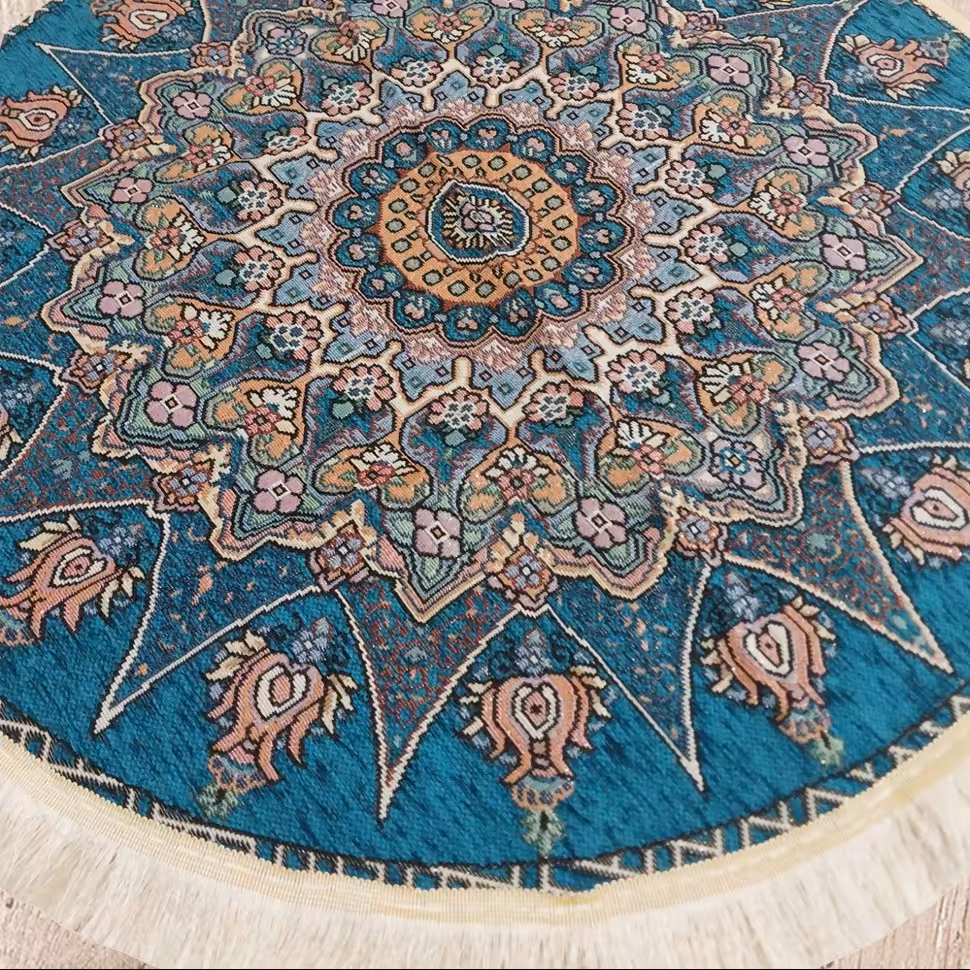 روفرشی مخمل زرکدار گرد (1 متری) طرح خورشیدی رنگ سبزآبی